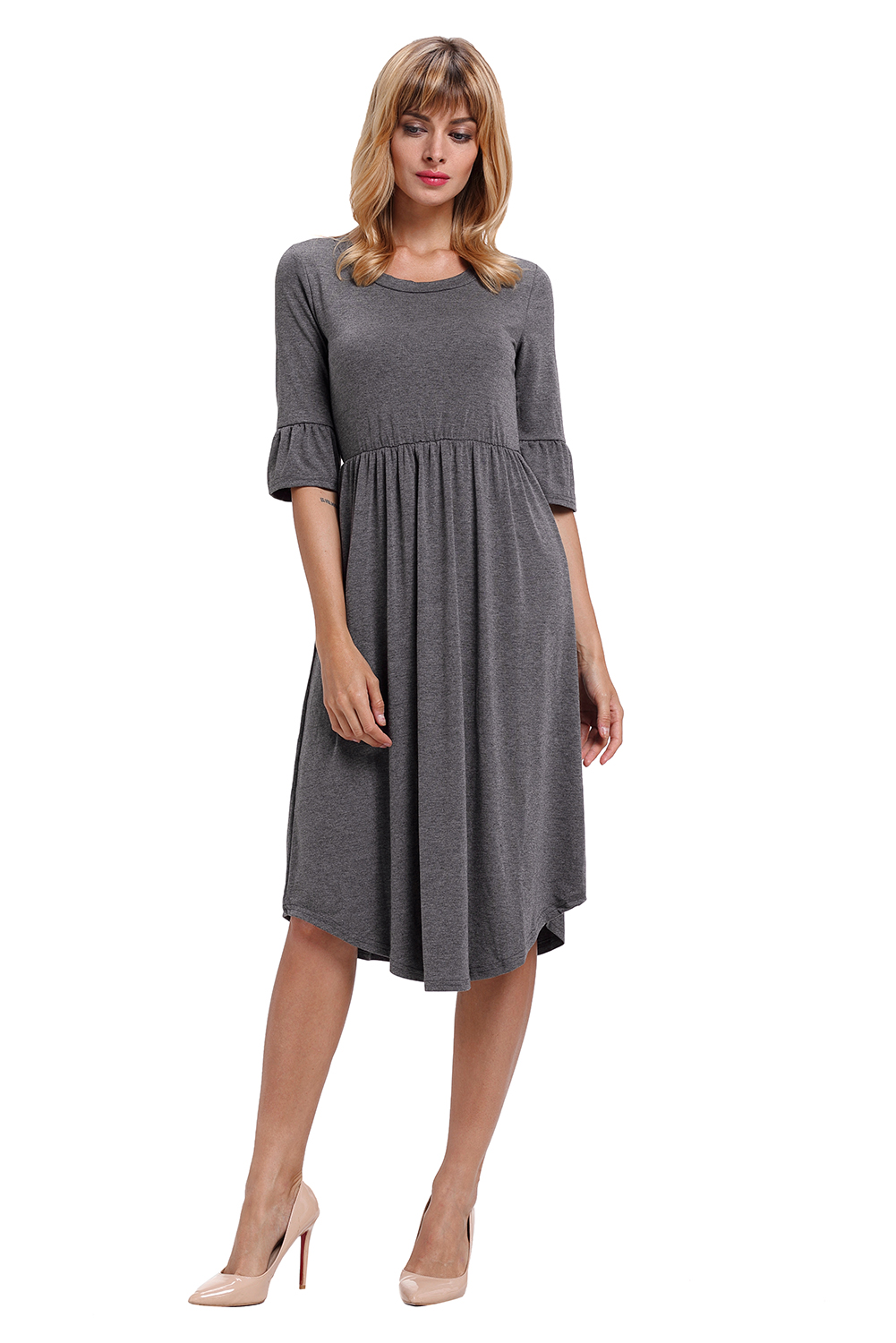 BY61652-11 Gray Ruffle Sleeve Midi Jersey Dress